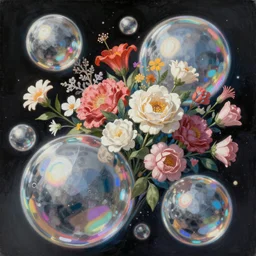 An epic fantastic realism comic book style painting of the most beautiful flowers launched into space, perfect shiny dichroic silver iridescent spheres, bouquets, fisheye lens, unreal 5, DAZ, hyperrealistic, octane render, dynamic lighting