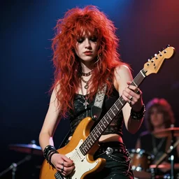 19-year-old woman holding electric guitar, long shaggy red hair, permed hair, stoner rock concert, grunge concert, riff rock, live in concert, concert lighting, 1993, VHS quality