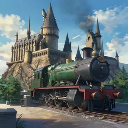 :: Train to Hogwarts :: cyberpunk style :: Makoto Shinkai cyberpunk style :: Cinematography by Zack Snyder ::8k resolution :: cinematic shot :: epic :: awe :: masterpiece