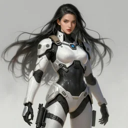 , long hair special force female wearing futuristic white and black tactical gear, armor, armed, return from the battlefield, intricate, highly detailed, digital painting, artstation, glamor pose, portrait, smooth, sharp focus, illustration, concept art by wlop and greg rutkowski