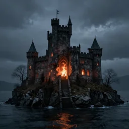 a dark castle on an island, with a firey presence trapped inside. dusk lighting, ominous, landscape