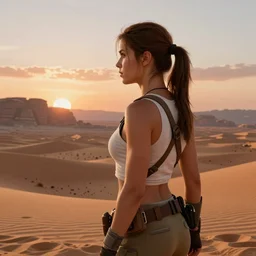 Lara Croft looking over Night City from the desert at sunset, 4K, artstation
