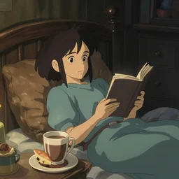 beautiful scene render of a girl leaned against the bed, reading a book, dimly lit bedroom, hot cocoa drink, dessert, perfectly shaded, atmospheric lighting, style of makoto shinkai and peter mohrbacher, studio ghibli. artgerm, karol bak, beeple, animation style, 8 k hd, ultra wide angle, hyper detailed