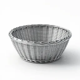 silver woven basket, clean 3d render, octane render, isolated on a pure white background, centered, entire object in frame, sharp focus, soft studio lighting