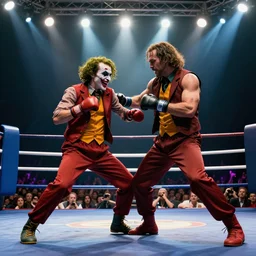 batman vs joker, a boxing match, large audience, bright spotlights, brutal and violent, muscular