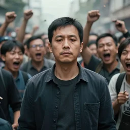 medium shot portrait of a man trying to remain calm, centered, people surrounding him, amidst the bombardment of yelling and loud noises, the surroundings are visible yet slightly blurred, focus on man in middle