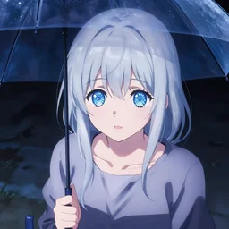 a japanese girl with silver hair and blue eyes holding an umbrella at night, shot from above, sparkling eyes, illustration by Yoji Shinkawa