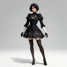 pinup character concept : full - body portrait of beautiful woman journalist alex wagner as a dark - haired nier automata, with black bob hairstyle, epicanthic folds, and mischievous smile, by rutkowski, vargas. elvgren, mucha, manara, wlop, serpieri, anders zorn, thomas lawrence, pixar, disney animation, michael cheval, peter mo