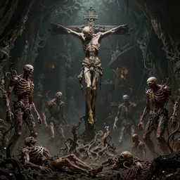 crucified organic undead bodies in infernal cave fields, scorn themed grim sf biomechanical, intricate artwork masterpiece, ominous, dramatic horror cinematic lighting, volumetric 8 k, elden ring, by h. r. giger, darius zawadzki, karol bak, brian froud, trending on cgsociety, octane render, 8 k