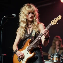 19-year-old woman holding electric guitar, long shaggy blonde hair, permed hair, stoner rock concert, proto-metal concert, live in concert, concert quality, concert footage, 1973, 8mm photography