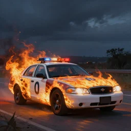 Justin Guse painting of a flaming cop car, photorealistic