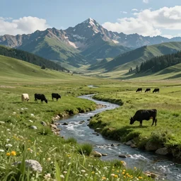 beautiful rolling pastureland with a stream running through , with black Angus cattle in the far distance below epic mountains and sky, volumetric light, cinematic, extreme detail, epic, Unreal 5, Artstation trending, hyper-maximalist, CG society, 8K