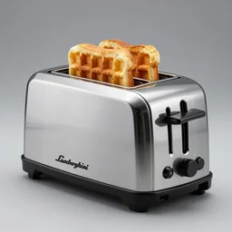 a lamborghini brand concept toaster appliance, toasted bread or waffles in toaster slots, aggressive angular design, bold lamborghini style with air scoops, heated coils, professional product shot