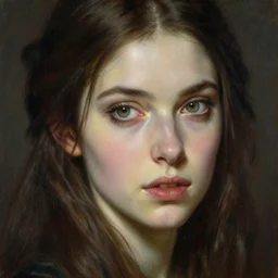 high quality high detail portrait of a young gorgeous female warlock looking away from the camera, detailed eyes, no hands visiblefantasy, d & d, painting by lucian freud and mark brooks, hd