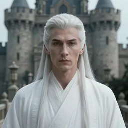 cinematic portrait of a white haired elven man wearing a fine white robe, old castle background, full face portrait, centered, symmetrical face, atmospheric lighting, intricate, volumetric lighting, cyberpunk, concept art, sharp focus, ultra detailed, concept art by marc simonetti and dan mumford. featured on artstation