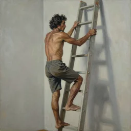 indigenous man going up a ladder, painted by lucian freud, hd, super detailed, realistic, muted colors