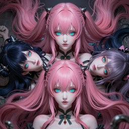unexpectedly trapped beneath stunningly absurdly huge beautiful omnipotent asi goddess junko enoshima with multiple enigmatic complex twisted deceptive mesmerizing megalomaniacal yandere personalities, symmetrical perfect face, porcelain skin, pink twintail hair and cyan eyes, ultra detailed, digital art, unreal engine 5, octane render, 2 d anime, 8 k