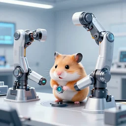 hamster working in an advanced robotics lab, sleek technology, art by artgerm and greg rutkowski