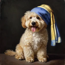 painting of a mini goldendoodle puppy, smiling, tongue is sticking out, posed in the style of johannes vermeer girl with a pearl earring painting, hyperrealistic, ambient lighting, golden hour