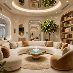 a very luxurious room of couches and cushions on a spaceship, looking more decadent than futuristic, a small fountain and a lemon tree, bookshelves, hyper realistic, photo quality, trending on artstation, octane render, unreal engine 5