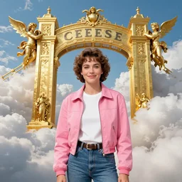 Sandy from Grease movie in pink jacket stands before large golden gate surrounded by clouds and cherubs, Michelangelo