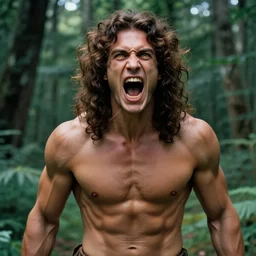 portrait of a muscular bob ross screaming, chiseled features, beautiful flowing brown curly hair, mythological, god of nature, defined muscles, artsy photography, film photo, 4 k, model posing, deep tan skin, trending on artstation, fashion photography, yellow eyes, overgrown background, dryad, verdant forest