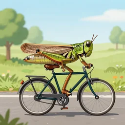 grasshopper animal!!!!! riding a bike, by simon bisley