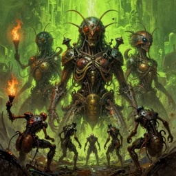 oils of 4 character, tiered grimy flayed throned insect god machines, high fantastic final battle, oppressive dystopian, by wayne d barlowe, francesco blanc, jack gaughan, simon bisley, geof darrow, alex nino, enric torres, hyper realism, torch light, neon lime colors, epic, classic fine art, 8 k