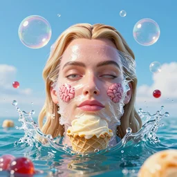 a funny sculpture of a 3 d margot robbie squashed human head wrapped in cling film and ice cream on ocean water, funny face, brain, giant bubbles, juicy jelly, realistic water splashes, water art, vibrant, in the style of mike campau, cg render, ray tracing, 8 k resolution, sharp