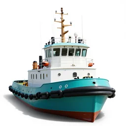 turquoise tugboat, professional product shot, isolated on a pure white background, centered, entire object in frame, sharp focus, soft studio lighting