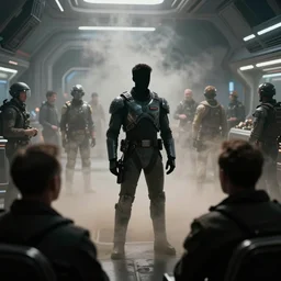 2 0 mm wide shot photrealistic busy futuristic spaceport filled with people, a handsome armored scifi pilot in sharp focus in silhouette stands in the swirling dust, cinematic lighting, soft focus foreground, volumetric soft lighting, designed by douglas trumbull, style of stanley kubrick cinematography, 8 k