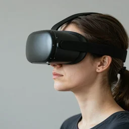 high-resolution photograph female of in profile angle wearing vr headset in the style of lois van baarle