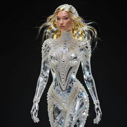 sculpture of Bella Hadid made of glass, crystals, diamonds and some ice::great proportions, intricate silhouette, golden ratio, liquids, caustics, vfx, transparency, harper's bazaar, vogue, magazine, insanely detailed and intricate, ornate, luxury, elite, elegant::by ruan jia, by Kenneth Willardt, by ross tran, by WLOP, by Andrei Riabovitchev