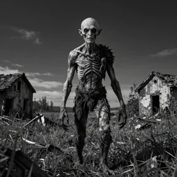 a lovecraftian monster, in a field littered with derelict abandoned building being taken back by nature, a high contrast hyper detailed black and white studio portrait photo, shot in area x from the movie annihilation, by beau brashares, pinhole photography