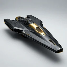 a sleek interstellar warship in gleaming obsidian black and scintillating 24K gold designed by HP