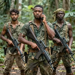 call men wearing a jungle style clothes holding a weapon and wearing some armour looking around great photography