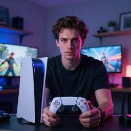 video gamecore, gamecore, gamercore portrait of a man playin playstation 5 on his bedroom at night, cinematic perspective, trending in artstation, behance, deviantart