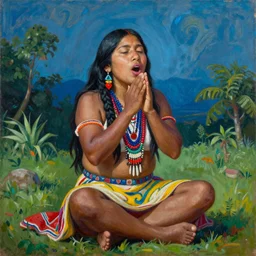 a beautiful realistic painting of an indigenous shipibo shaman sitting and singing, full body, vibrant colors, in the style of Pablo Amaringo--height 1705