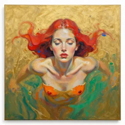 abstract oil matte portrait painting woman infused and swimming in a golden liquid partially covered red dollops blue stains orange smears green pools detailed faces
