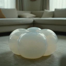 a strange translucent silicone organic shaped poufs sits in the empty living room, film still from the movie directed by denis villeneuve with art direction by zdzisław beksinski, close up, telephoto lens, shallow depth of field