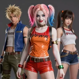 hyper - realistic + photorealistic render with very extreme intricate details, of pretty sorceress harley quinn, skintight orange dress, pink hair, from kingdom hearts + 3 in the style of final + fantasy 1 4, digital game - art by ross tran, movie composition by sana takeda