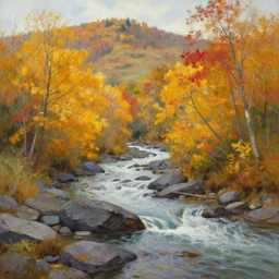 A beautiful oil painting of a hill with trees, the fall has arrived and the leafs started to become golden and red, the river is zigzagging and flowing its way, the river has lots of dark grey rocks, by Greg Rutkowski