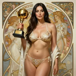 Monica Bellucci winning Bikini Competition, fantasy, intricate, elegant, highly detailed, digital painting, 4k, HDR, concept art, smooth, sharp focus, illustration, art by artgerm and H R Giger and alphonse mucha