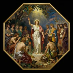 An octagonal painting composition of the feast of Astarte, by James Gurney