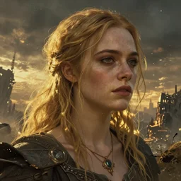 Elle Fanning in the painted world of Dark Souls, head and shoulders masterpiece, apocalypse, golden hour, cosmic horror, artstation, in the style of Wanda Gag extremely detailed