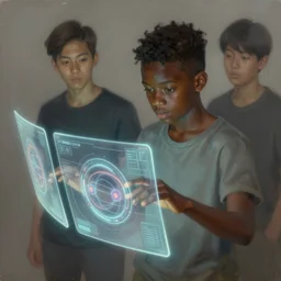 digital painting of black teenager manipulating three dimensional holographic screens in the metaverse art, by wlop, james jean, victo ngai! muted colors, very detailed, art fantasy by craig mullins, thomas kinkade cfg _ scale 8