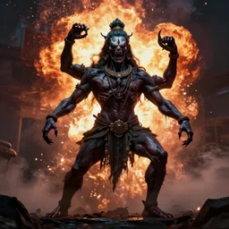 One God Shiva is dansing. Tandava. Nuclear explosion on the background. Dark colors, high detail, hyperrealism, horror art, masterpiece, body-horror, ceremonial portrait, solo, art by Greg Broadmore, Esao Andrews, Beksinski