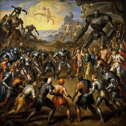 a fantasy painting in renaissance!! style of a grand battle of robots cinematic, beautiful lighting, highly detailed, by michelangelo