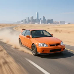 photograph of a cell-shaded orange itasha Honda EK9 Type-R, speeding on a desert road with a futuristic city in the horizon, kicking up dirt, action shot, one point perspective, 1-point perspective, sigma 85mm f/1.4, 4k, depth of field, high resolution, 4k, 8k, hd, full color