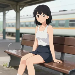 cell shaded, anime teenager wearing a tank top and mini skirt sitting on a bench in an abandoned train station, wlop, ilya kuvshinov, artgerm, krenz cushart, greg rutkowski, hiroaki samura, range murata, james jean, katsuhiro otomo, erik jones, yoshinari yoh, kyoani